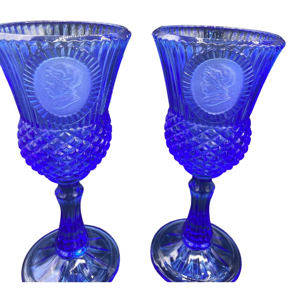 set 4 VTG Cobalt Blue Fostoria Cameo George/Martha Washington Wine Goblets - Picture 2 of 10